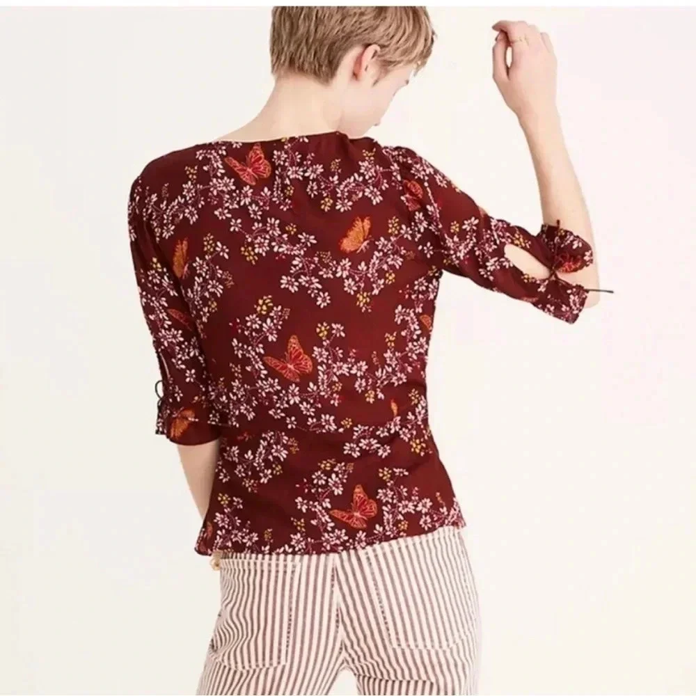 NWT Madewell Butterfly Print Tie Sleeve Wrap Top - Picture 2 of 6